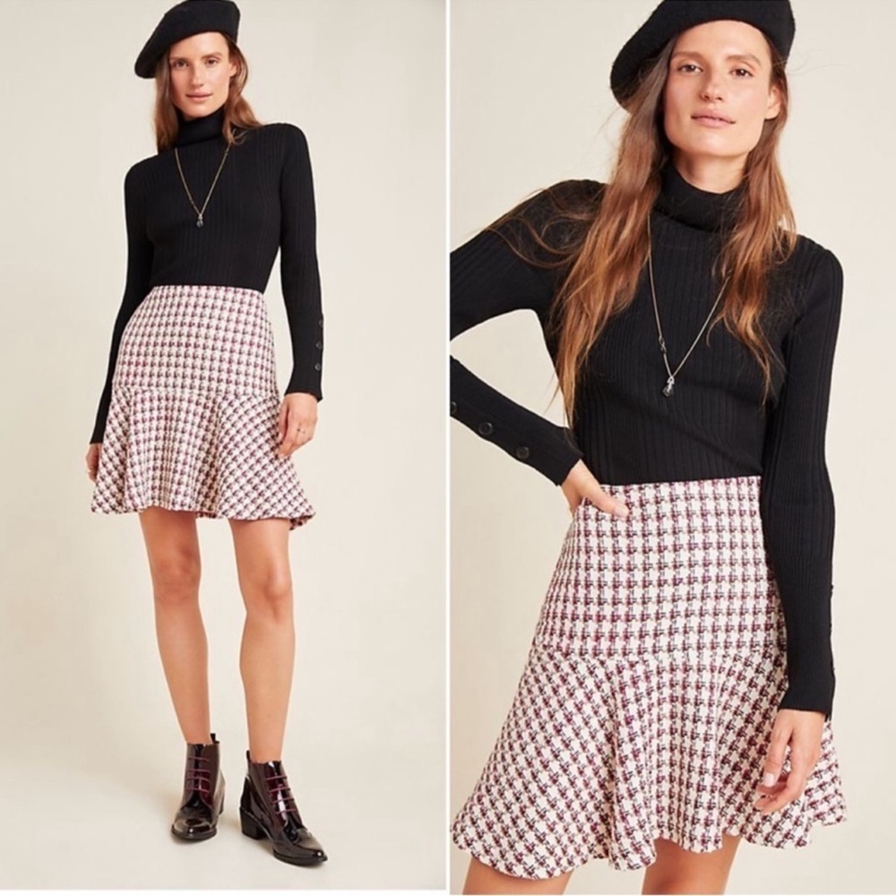 Anthropologie Maeve Bobbie Tweed Flounce Mini Skirt Pink Black Size 6